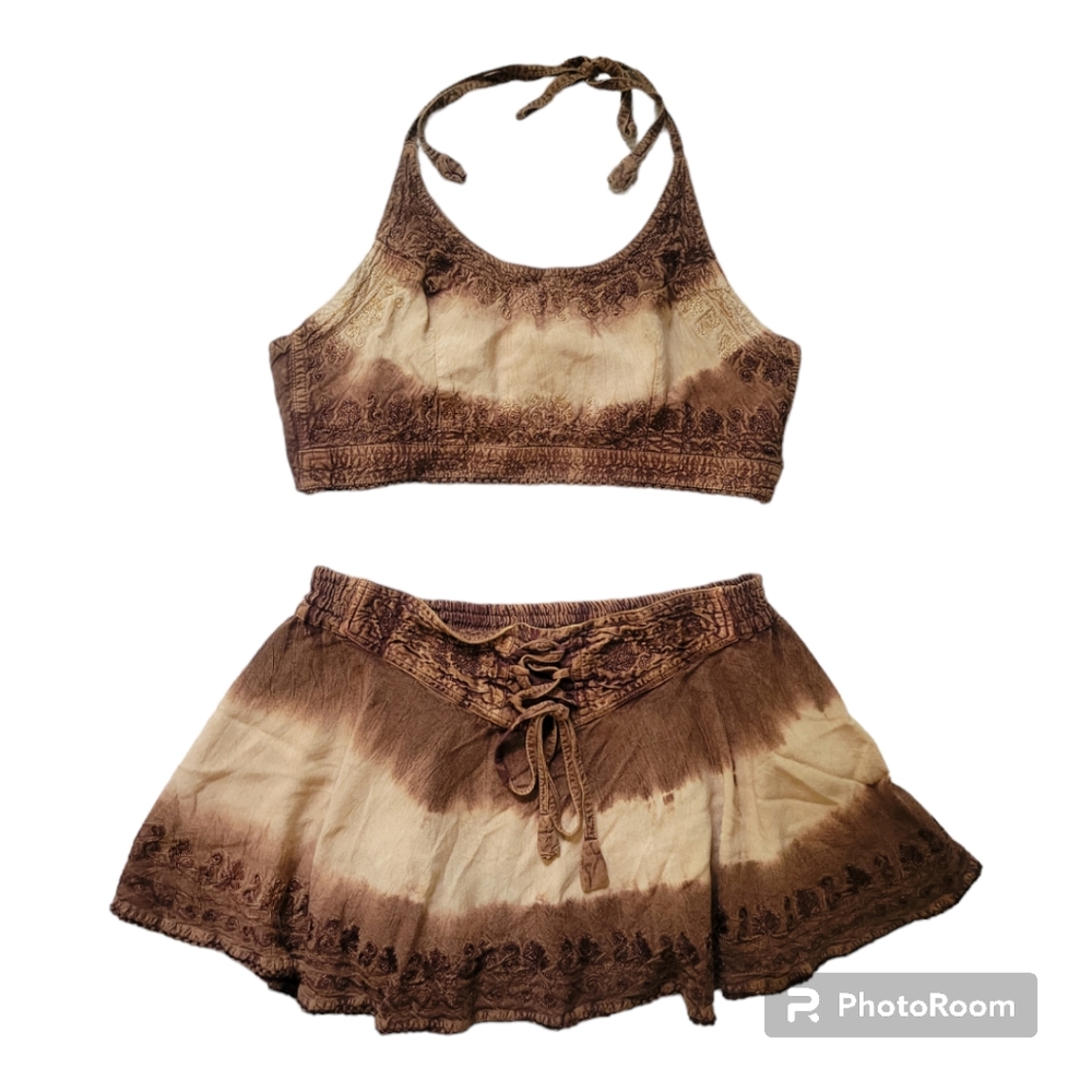 Shore Line Boho Halter Top & Skirt Set Brown Embroidered One Size Two Pieces